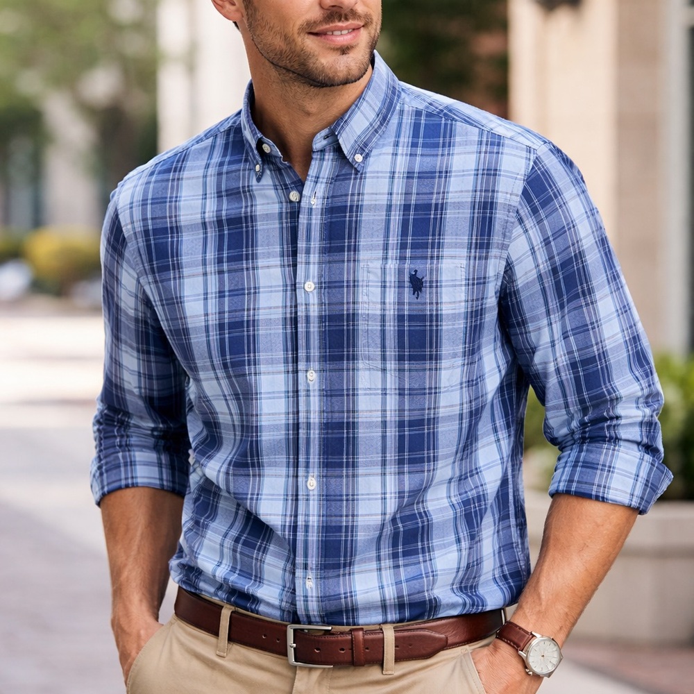 U.S. Polo Assn Blue Plaid‎ Button Down Shirt XL 60/40 Cotton